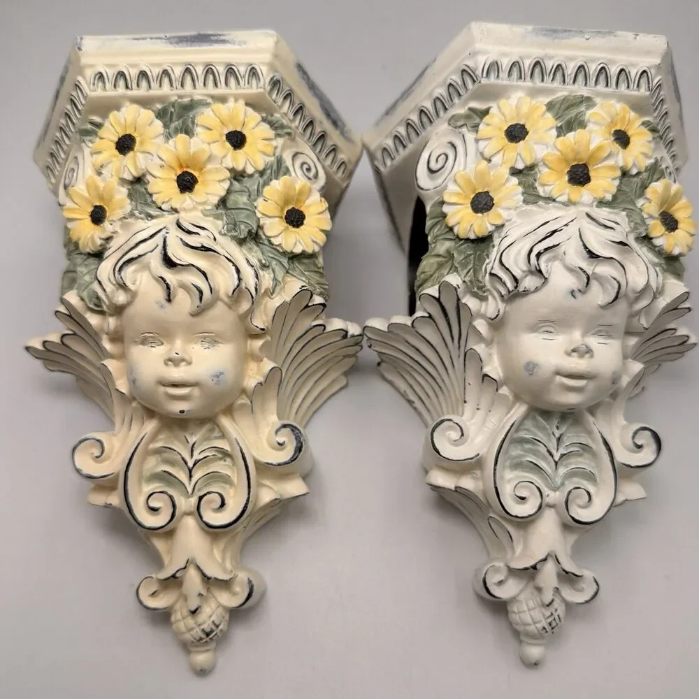 Vintage Cherub Curtain Rod Holders Wall Sconces Set 2 Resin Shabby Chic Floral